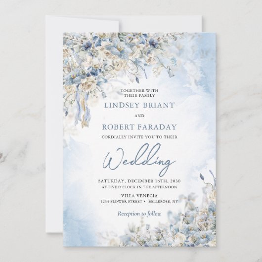 Elegant Winter stoffige blauwe bloemen en witte ro Kaart (Voorkant)