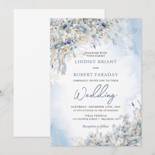 Elegant Winter stoffige blauwe bloemen en witte ro Kaart (Voorkant / Achterkant)