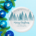 Elegant Winter Trees Annual Family Kerstparty Papieren Bordje<br><div class="desc">Een elegante rij winterbomen en sneeuwvlokken boven je gepersonaliseerde Merry kerstscript en je familienaam in  blauw onder het sneeuwgevulde bos. Moderne jaarlijkse borden op feestdagen met uw eigen bericht.</div>