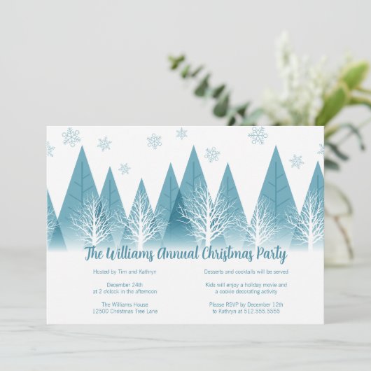 Elegant Winter Trees Custom Blue Kerstparty Kaart (Staand voorkant)