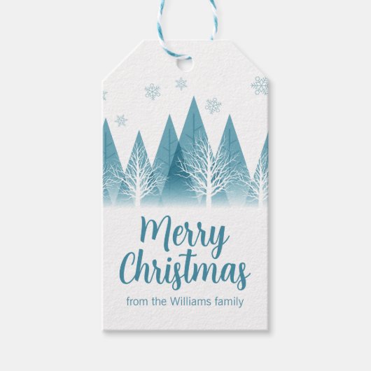 Elegant Winter Trees Custom Blue Merry Kerstmis Cadeaulabel (Voorkant)