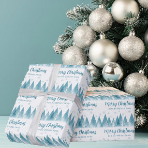 Elegant Winter Trees Custom Blue Merry Kerstmis Cadeaupapier