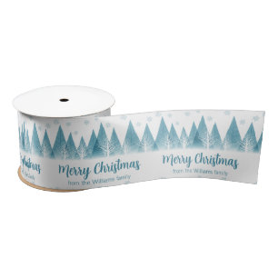 Elegant Winter Trees Custom Blue Merry Kerstmis Satijnen Lint