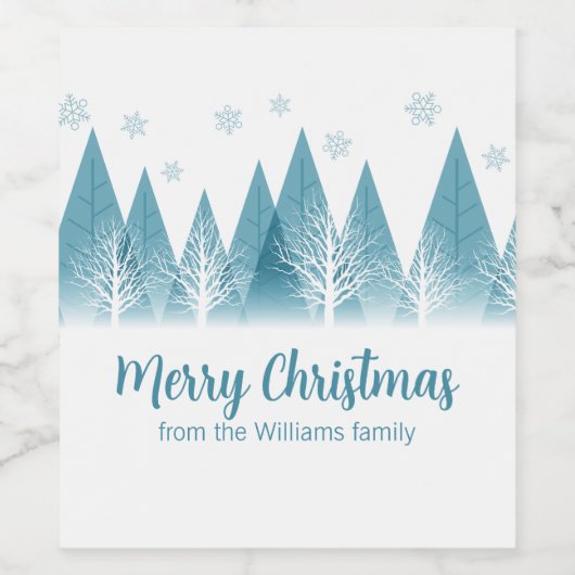Elegant Winter Trees Custom Blue Merry Kerstmis Wijn Etiket (Enkel label)