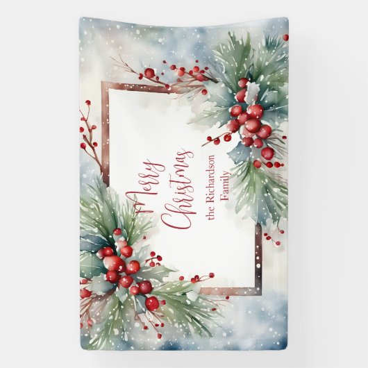 Elegant Winter Watercolor Berries Pines Christmas Spandoek (Verticaal)