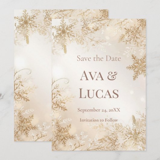 Elegant Winter Wedding Save the Date | Ivory Gold Kaart (Voorkant / Achterkant)