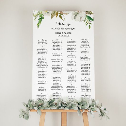 Elegant Winter White Alfabetical Seat Chart Poster