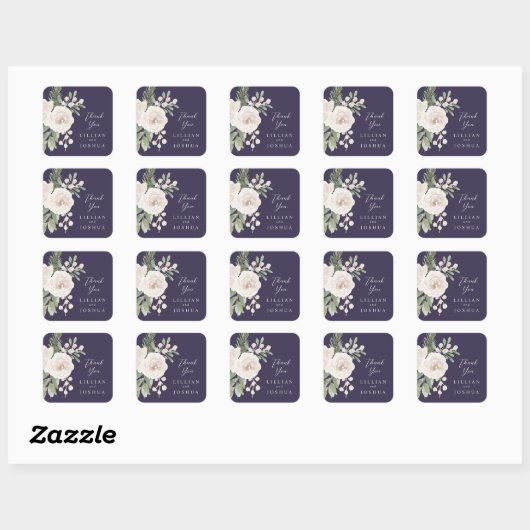 Elegant Winter White Floral Purple Wedding Vierkante Sticker (Vel)
