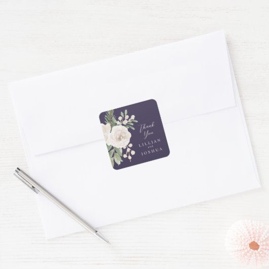 Elegant Winter White Floral Purple Wedding Vierkante Sticker (Envelop)