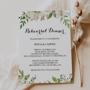 Elegant Winter White Peony Rehearsal Dinner Kaart