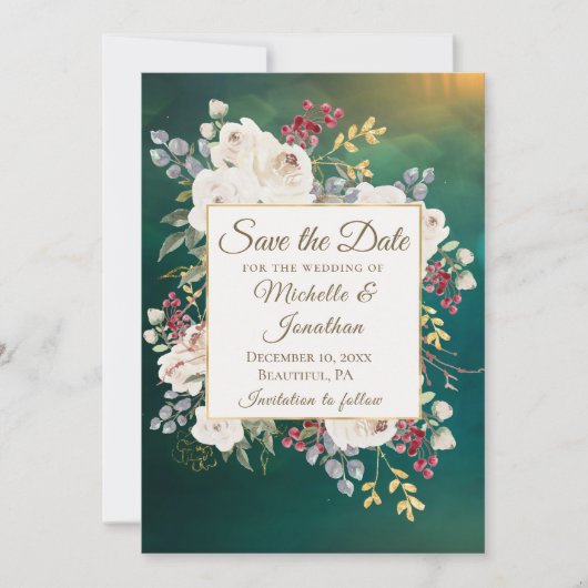 Elegant Winter White Rose Floral Green Background Save The Date (Voorkant)