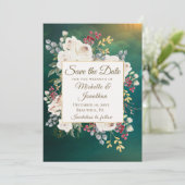 Elegant Winter White Rose Floral Green Background Save The Date (Staand voorkant)