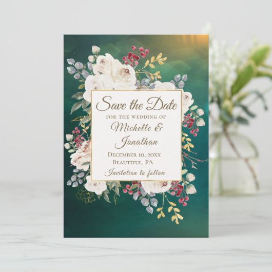 Elegant Winter White Rose Floral Green Background Save The Date (Staand voorkant)