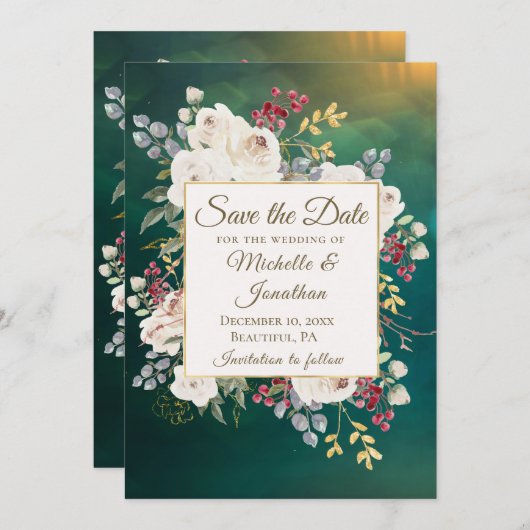 Elegant Winter White Rose Floral Green Background Save The Date (Voorkant / Achterkant)