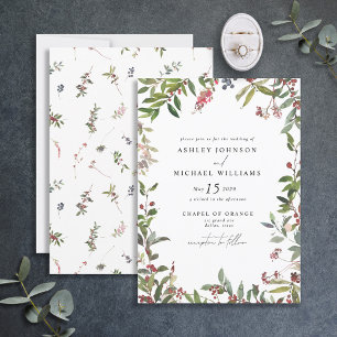 Elegant Winter Wildflower Berry Wedding Invitation Kaart