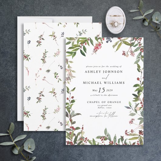 Elegant Winter Wildflower Berry Wedding Invitation Kaart