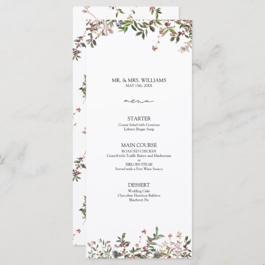Elegant Winter Wildflower Berry Wedding Menu (Voorkant / Achterkant)