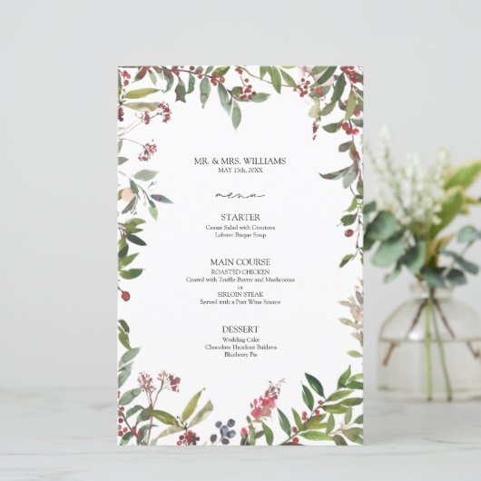 Elegant Winter Wildflower Berry Wedding Menu (Staand voorkant)