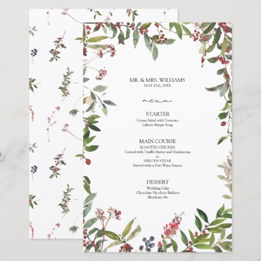 Elegant Winter Wildflower Berry Wedding Menu (Voorkant / Achterkant)