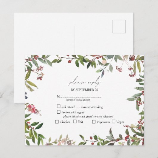 Elegant Winter Wildflower Berry Wedding RSVP Uitnodiging Briefkaart (Voorkant / Achterkant)