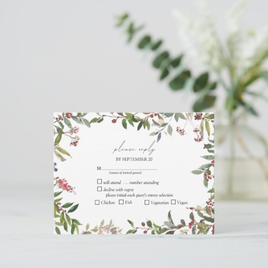 Elegant Winter Wildflower Berry Wedding RSVP Uitnodiging Briefkaart (Staand voorkant)