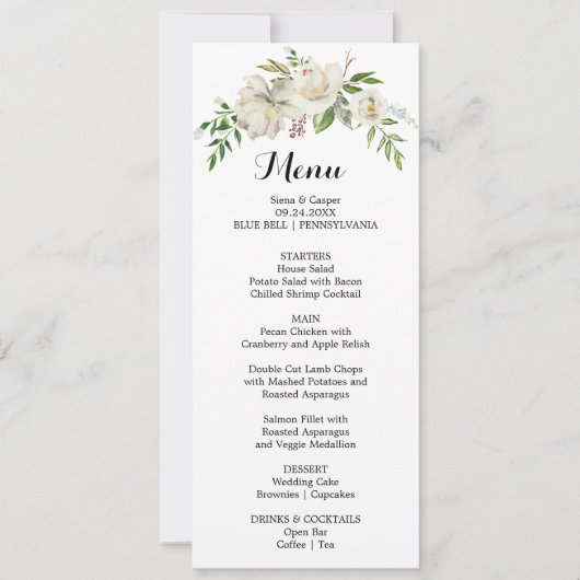 Elegant Winter Witte Pioen Diner Menu Kaart (Voorkant)