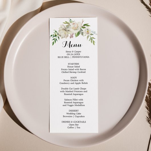 Elegant Winter Witte Pioen Diner Menu Kaart