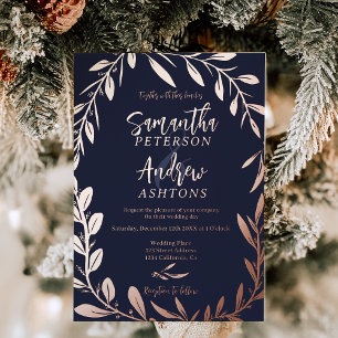 Elegant winter wonderland blauw marinebruiloft fot folie uitnodiging