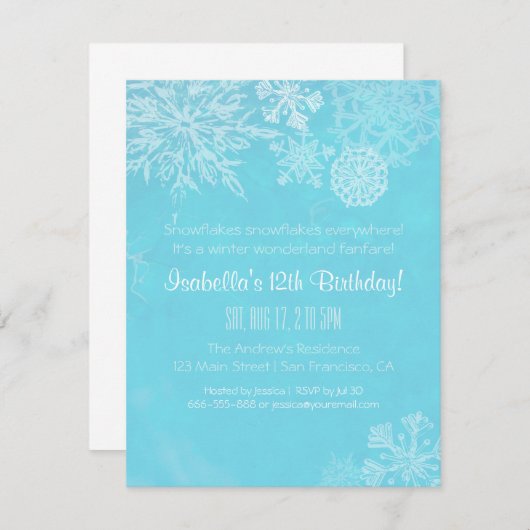 Elegant Winter Wonderland Snowflake Birthday Party Kaart (Voorkant / Achterkant)