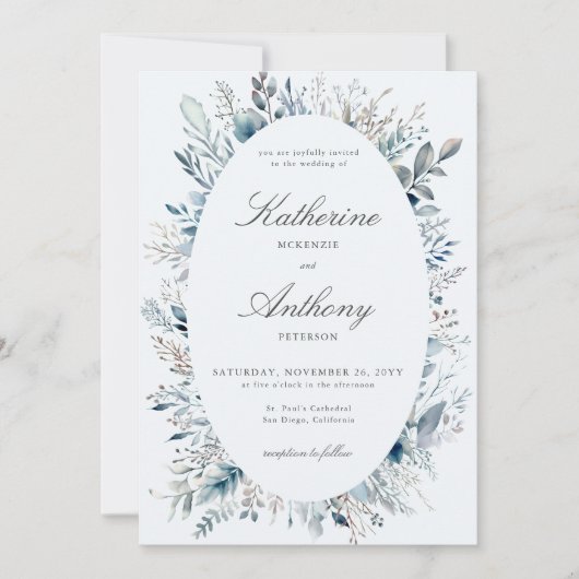 Elegant Winterblad Boho Lijst Blauw Bruiloft Kaart (Voorkant)