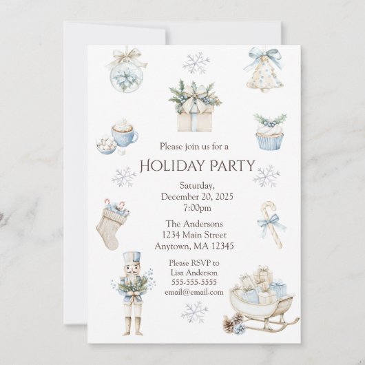 Elegant Winterblauw Waterverf Vakantie Feest Kaart (Voorkant)