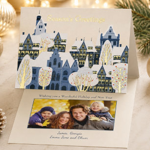 Elegant Winterdorp Familie Foto Blauw & Goud Folie Wenskaart