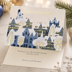 Elegant Winterdorp Seizoensgroeten Blauw Goud Folie Wenskaart