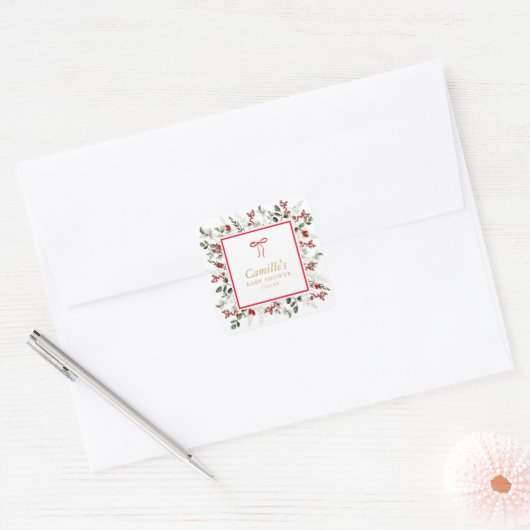 Elegant wintergroen & Holly Baby shower Vierkante Sticker (Envelop)