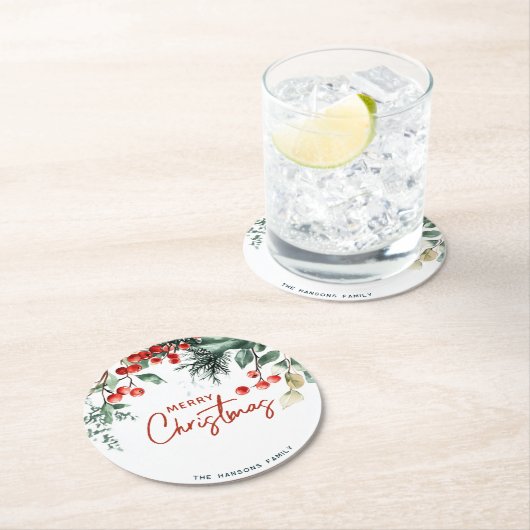 Elegant wintergroen Vrolijk kerstfeest Ronde Kartonnen Onderzetter (Insitu)