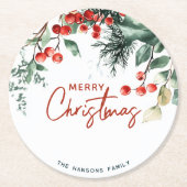 Elegant wintergroen Vrolijk kerstfeest Ronde Kartonnen Onderzetter (Voorkant)