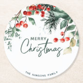 Elegant wintergroen Vrolijk kerstfeest Ronde Kartonnen Onderzetter (Voorkant)