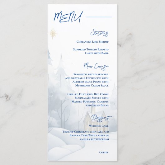 Elegant winterlandschap Snowy Wedding Party Menu (Voorkant)