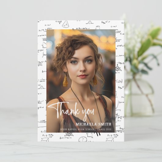 Elegant Wiskunde Script Foto Afstuderen Bedankkaart (Staand voorkant)