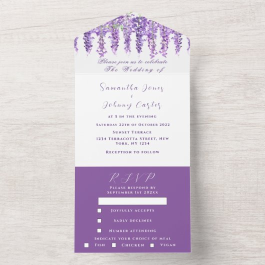 Elegant Wisteria Waterverf Paars Lila huwelijk All In One Uitnodiging (Binnen)