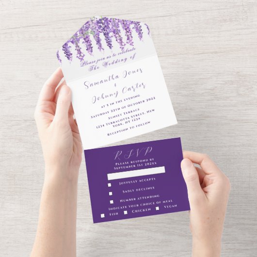 Elegant Wisteria Waterverf Paarse Lila bruiloft A All In One Uitnodiging (Afscheurbaar)