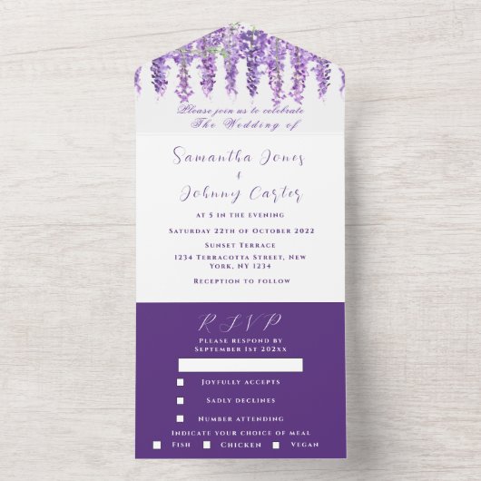 Elegant Wisteria Waterverf Paarse Lila bruiloft A All In One Uitnodiging (Binnen)