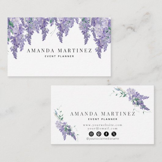 Elegant Wisteria Waterverf Social Media Business Visitekaartje (Voorkant / Achterkant)
