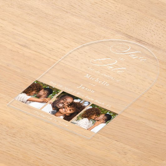 Elegant Wit 3 Fotostrip Trouwen Save the Date Acryl Uitnodigingen (Laagn)