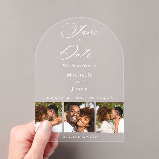Elegant Wit 3 Fotostrip Trouwen Save the Date Acryl Uitnodigingen (Insitu (Draagbaar))