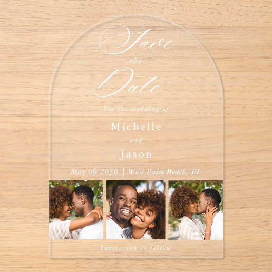 Elegant Wit 3 Fotostrip Trouwen Save the Date Acryl Uitnodigingen (Voorkant)