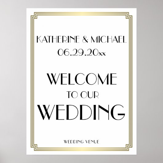 Elegant wit Art Deco bruiloftsreceptie bord Poster (Voorkant)