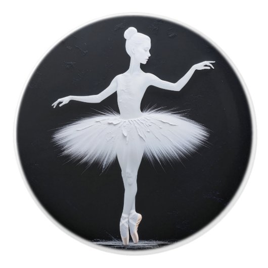 Elegant wit ballerina silhouet op zwart keramische knop (Voorkant)