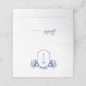 Elegant Wit & Blauw Botanisch Monogram Crest Plaatskaartje (Buitenkant ongevouwen)