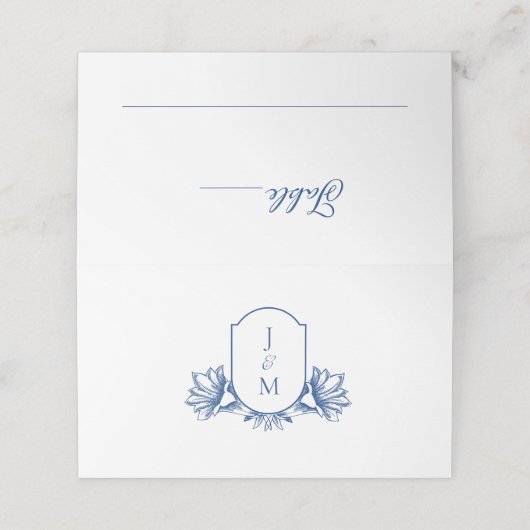 Elegant Wit & Blauw Botanisch Monogram Crest Plaatskaartje (Buitenkant ongevouwen)